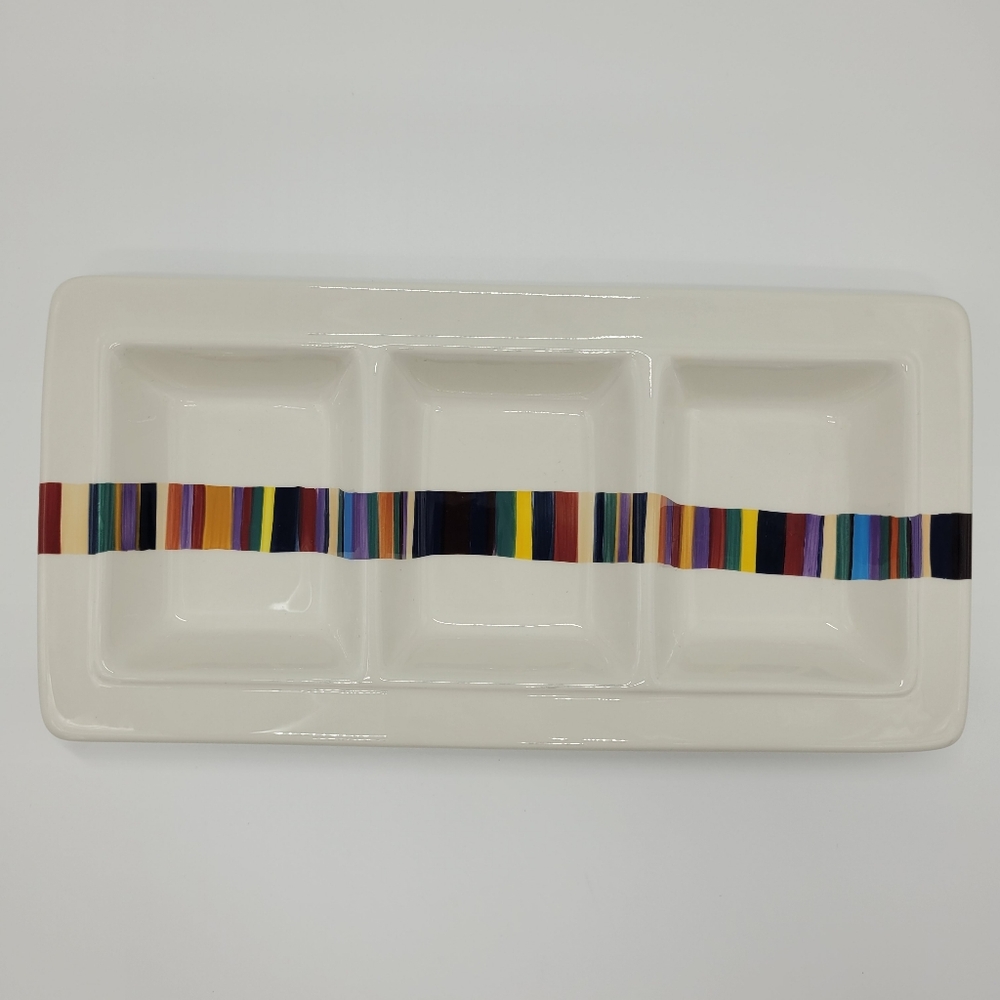 HAVANA Tabletops Unlimited 3 Part Relish Tray 14” Bright Stripes Hand Painted